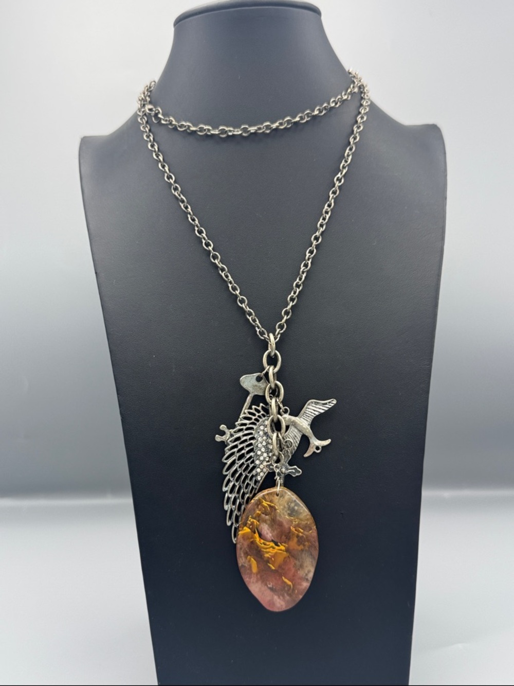 Silver Wing & Amber Pendant Necklace - Women Jewelry